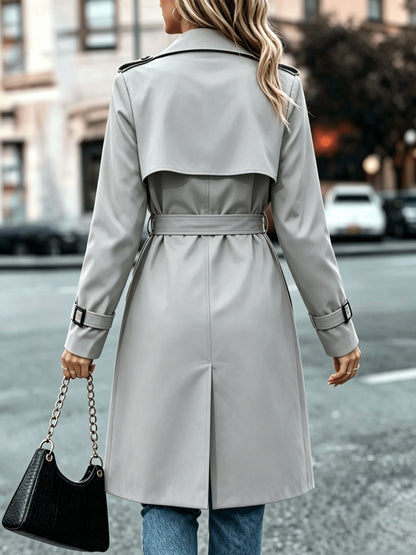 Elegant Solid-Color Double-Breasted Trench Coat with Belt
