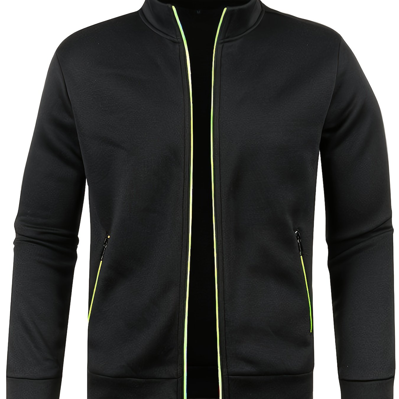 Men's Stand Collar Jacket - Full-Zip Casual Athletic Coat, Light Grey with Lime Accents, Zippered Front Closure for Gym, Office, Everyday - Machine Washable Outerwear, Gym Wear, Sporty Design, Smooth Texture, Lightweight Coat