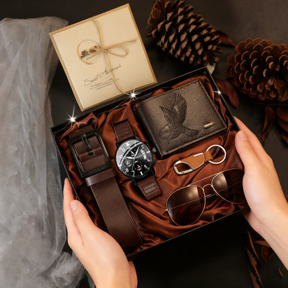 A Stylish And Versatile 7pcs Set for Men, Including a Classic Faux Leather Watch, Wallet, Belt, Keychain, Greeting Card, And Glasses, Suitable for Various Occasions, Essential for Halloween, Parties, Christmas, And Birthdays