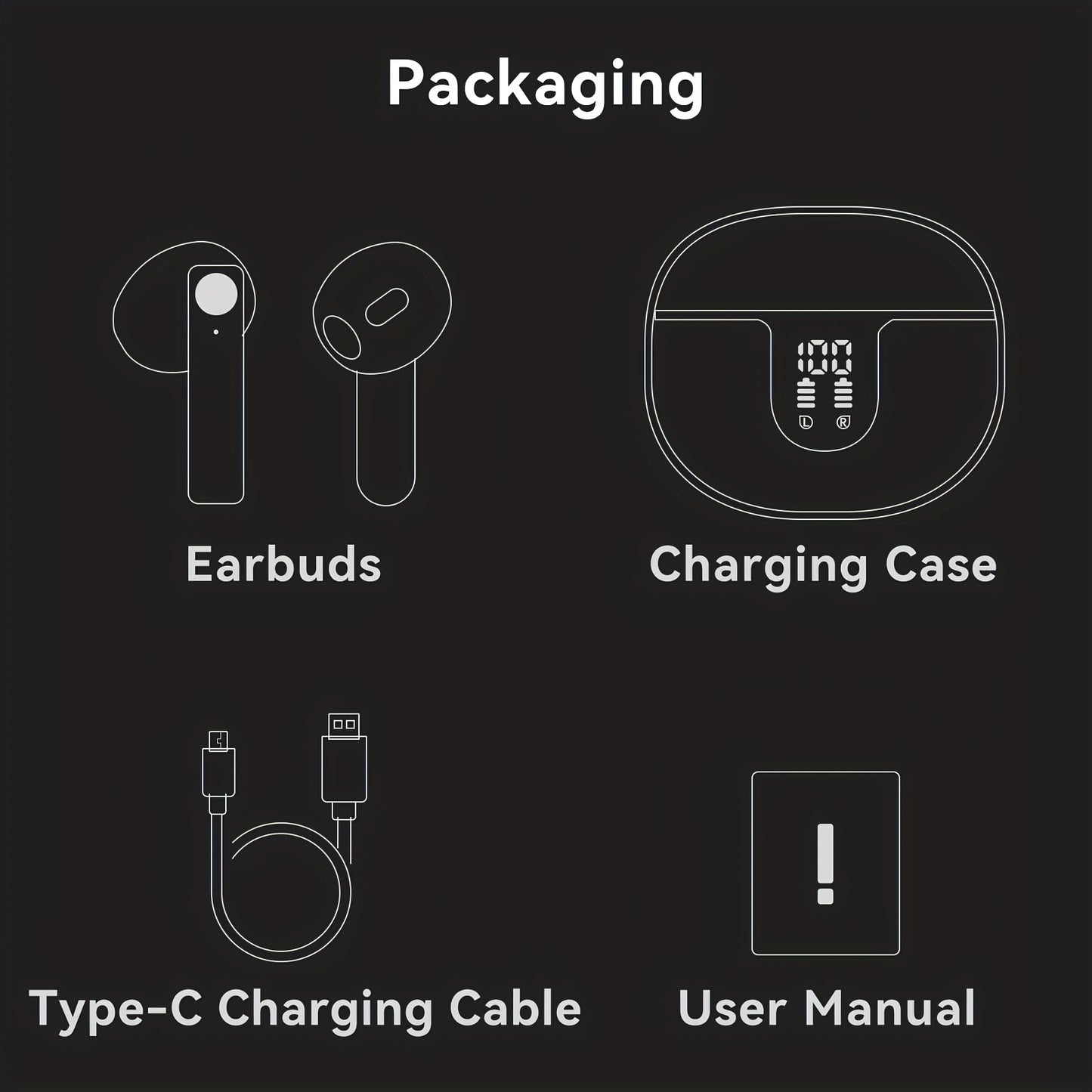 Wireless Earbuds Headphones, 40H Playtime Stereo Ear Buds, LED Power Display Cordless In-Ear Earphones with Microphone for iOS Andriod Cell Phone Sports