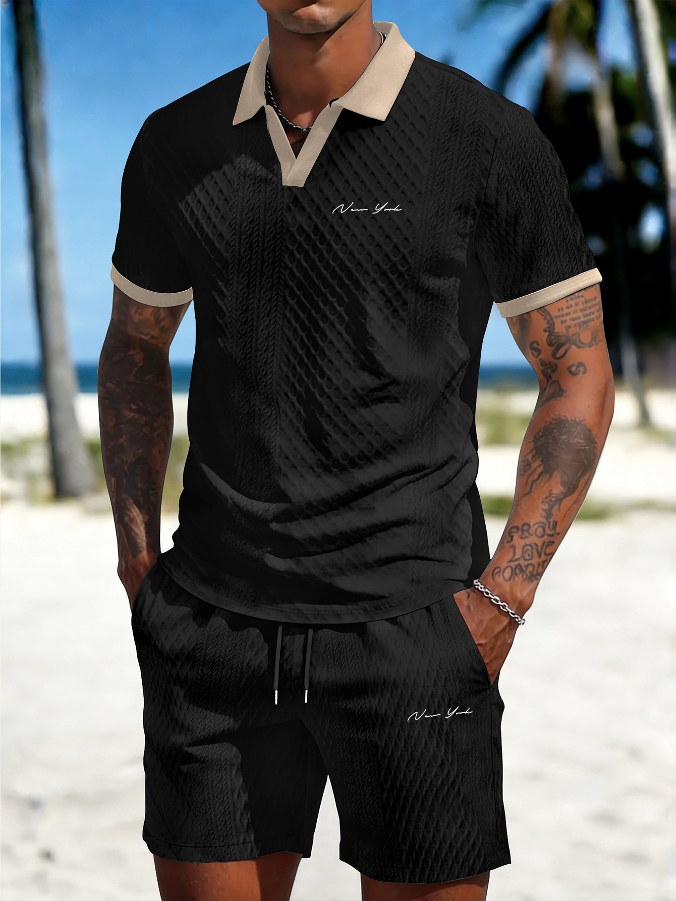 Men's Casual Summer Knitted Polo Set with Geometric Pattern