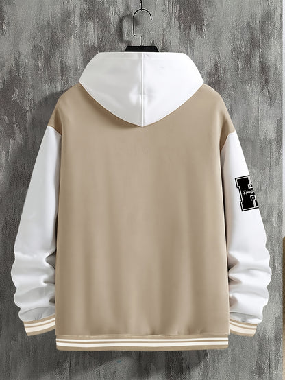 Men's Fashionable R-Letter Patchwork Casual Street Style Baseball Jacket - Polyester, Maroon & Black with White Stripes, Button Closure, with Pockets