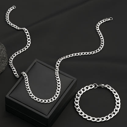 Stainless Steel Men's Jewelry Set, 19.69-inch Cuban Chain, Hip-hop Style Embossed Bracelet, Casual Wear and Holiday Gift - the Perfect Birthday Present