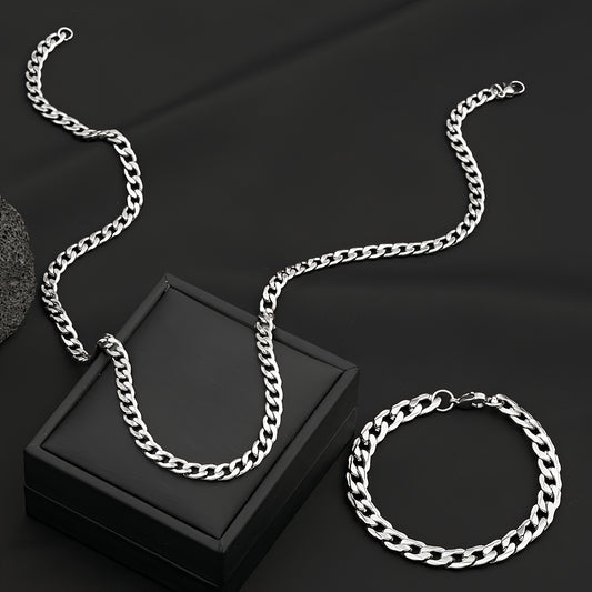 Stainless Steel Men's Jewelry Set, 19.69-inch Cuban Chain, Hip-hop Style Embossed Bracelet, Casual Wear and Holiday Gift - the Perfect Birthday Present