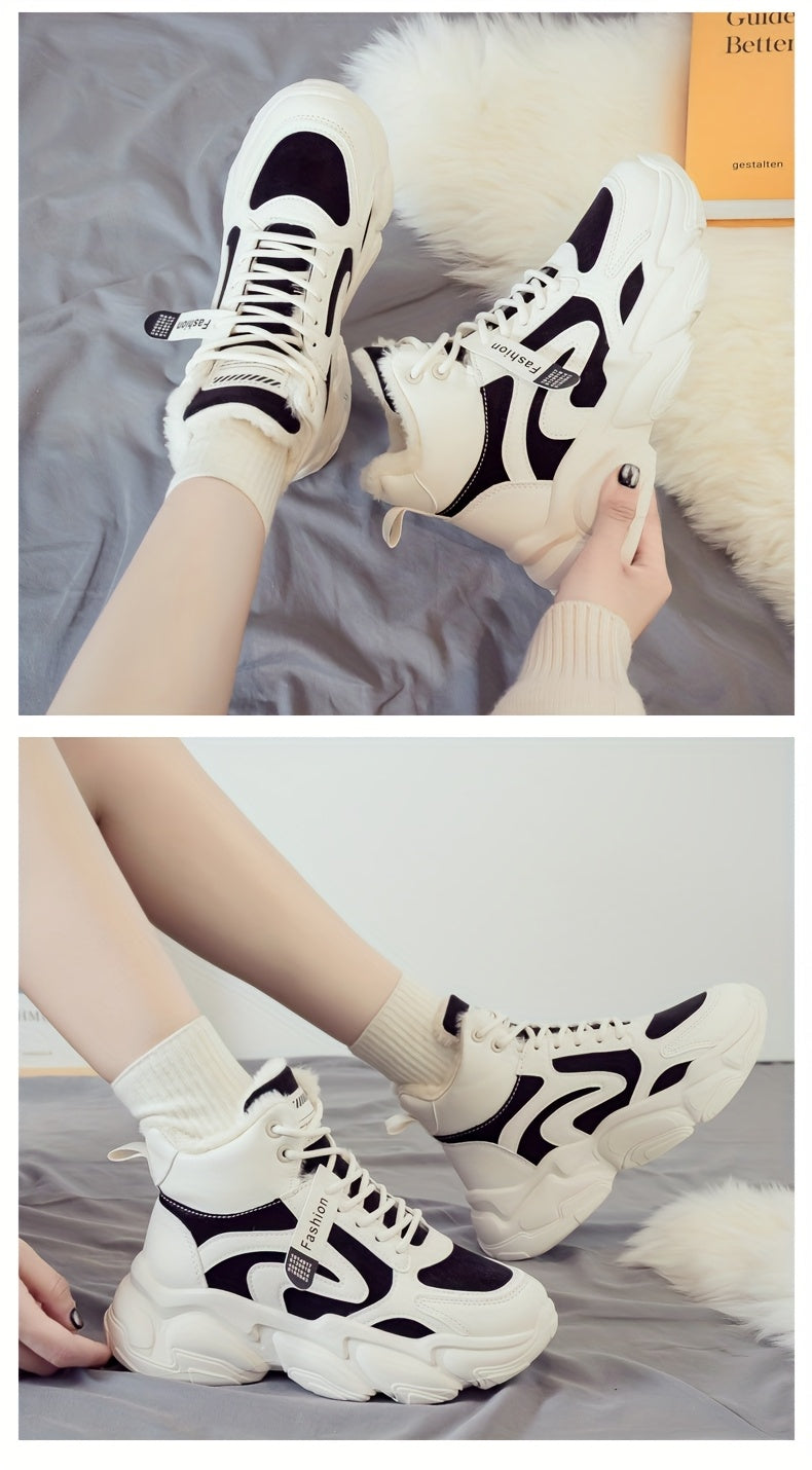 Women's Plush Fleece-Lined High-Top Sneakers - Thick-Soled Winter Warm Lace-Up Shoes with PU Upper & Cushioned PVC Sole, White/Black/Grey Chunky Dad Shoes (Cozy Round Toe) - Instagram Trendy Winter Footwear by I Trend