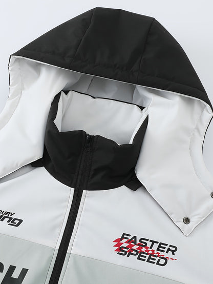 Men'S Casual Motorcycle Jacket, Warm Pilot Fashion Top 6023, 100% Polyester Hooded Collar with Alphabet Pattern, Long Sleeve Regular Fit, Non-Stretch Woven Fabric, Zipper Placket, with Pockets - 280gsm