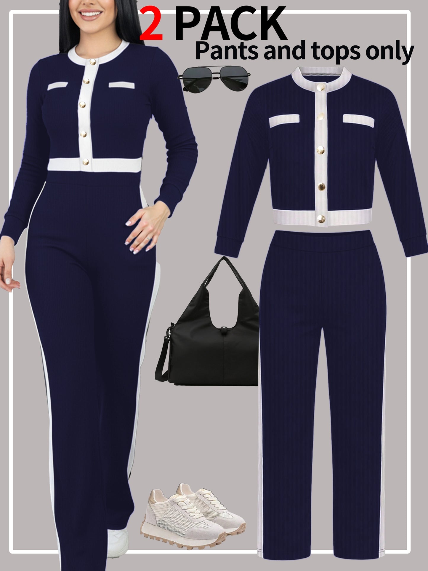 Autumn And Winter Women'S Outfit - Stylish Color-Blocked Fitted Long-Sleeve Top with a Round Neck And Versatile High-Waisted Comfortable Straight-Leg Pants