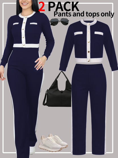 Autumn And Winter Women'S Outfit - Stylish Color-Blocked Fitted Long-Sleeve Top with a Round Neck And Versatile High-Waisted Comfortable Straight-Leg Pants