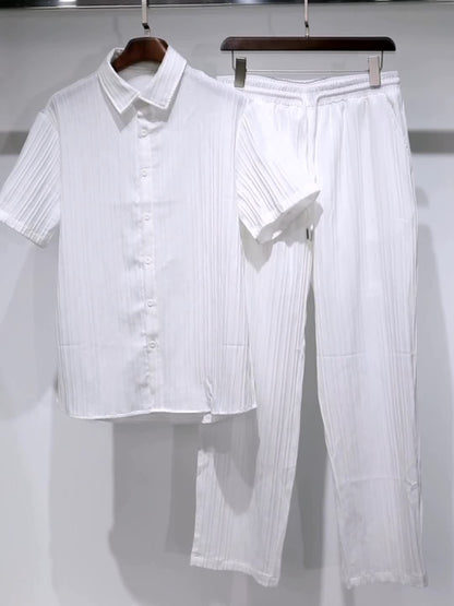 2-piece Men's Stylish Spring Summer Vacation Outfit Set, Men's Ruffled Short Sleeve Lapel Shirt & Drawstring Long Pants Set