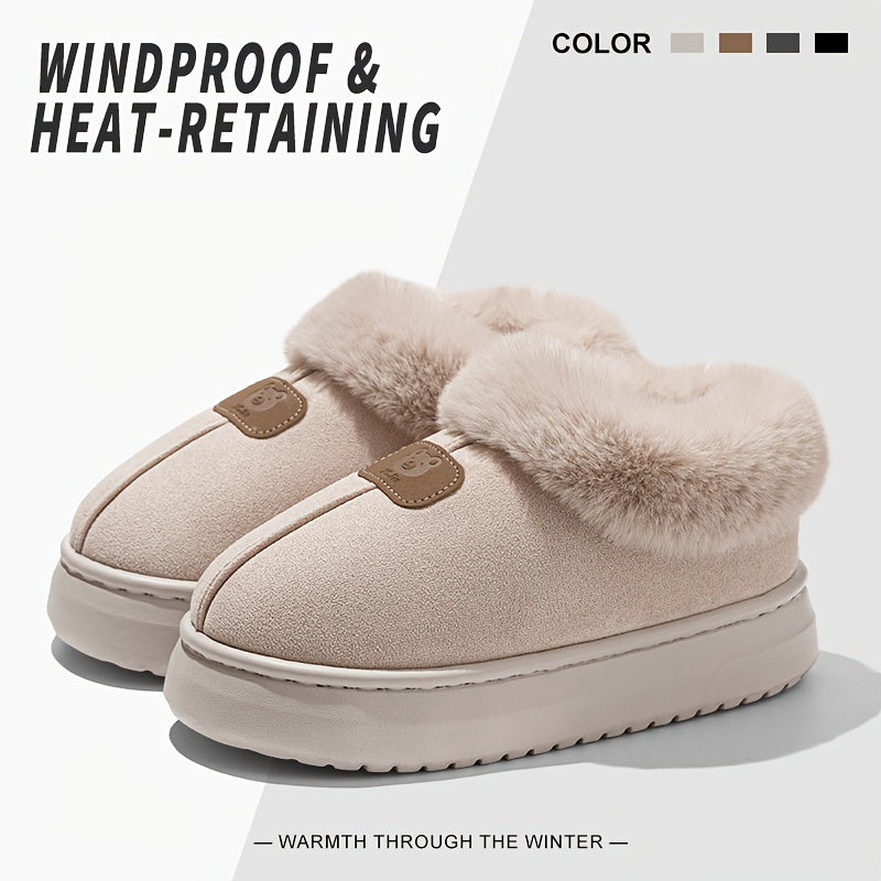 Unisex Winter Plush-Lined Slip-On Slippers with Thick Sole