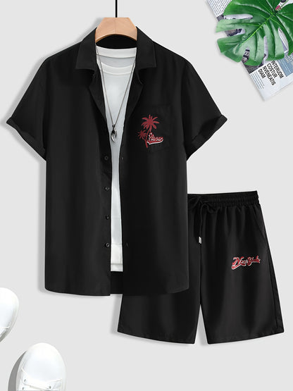 2-piece Men's Stylish Summer Beach Wear Set, Letter Print Men's Short Sleeve Lapel Shirt With Chest Pocket & Drawstring Shorts Co Ord Se