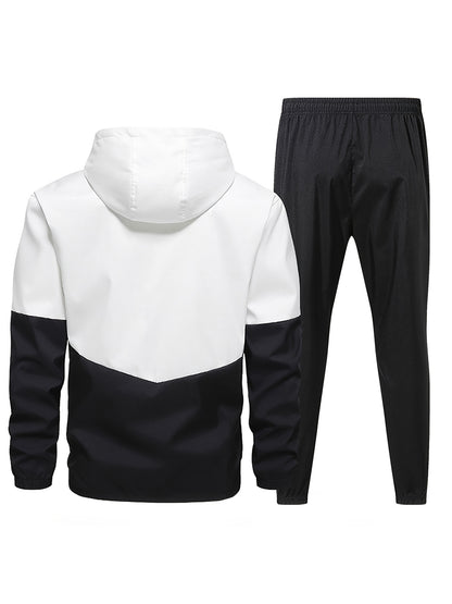 Men's Spring-Fall Patchwork Athletic Hooded Jogger Set
