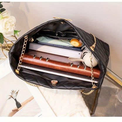 1pc Women's Large Capacity Bucket Bag - Chunky Chain Strap Shoulder Bag with Buckle Closure, Armpit/ Grid (Choose), Casual to Dressy Tote Suitable for Women