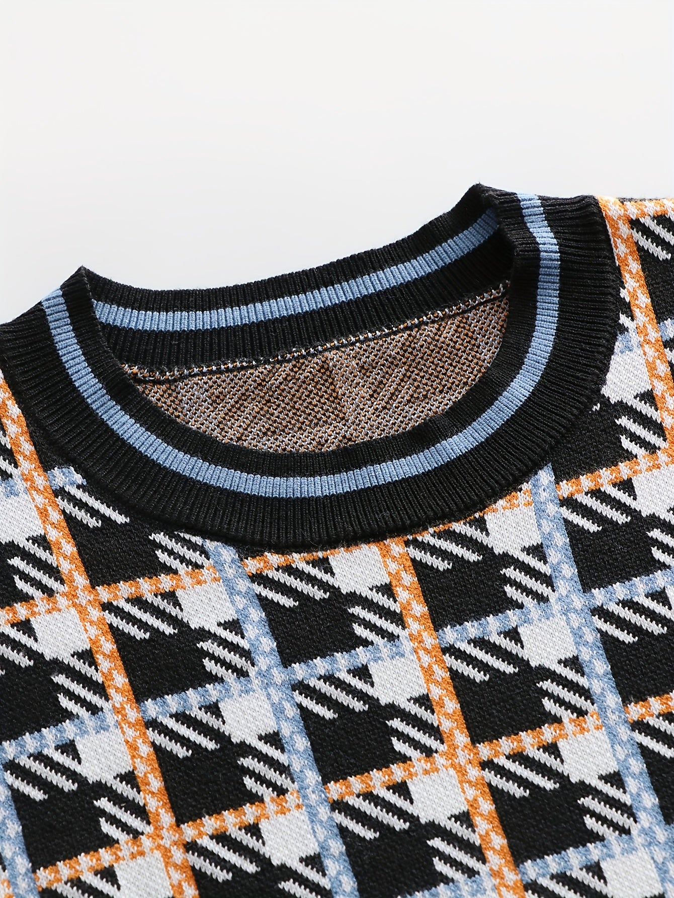 Men's Fashion Geometric Jacquard Plaid Knit Pullover