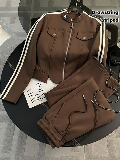 2026 Spring And Autumn Stylish And Chic Melard High-End Casual Outfit, Women'S Trendy Cool Striped Work-Style Zip-Up Jacket with Drawstring Elastic Waist, Street-Style Two-Piece Set, Versatile Commuting Outfit, Women'S Pants