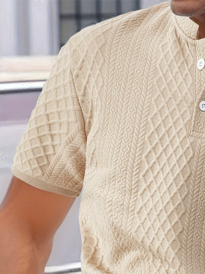 2pcs Set, Men's Casual Suit, Jacquard Fabric, Round Neck Short Sleeves with Buttons, Jacquard Shorts with Drawstring - ayq