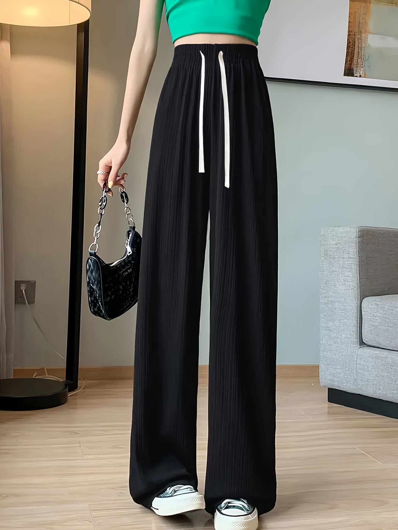 Women's High-Waisted Wide-Leg Summer Pants with Drawstring Waist