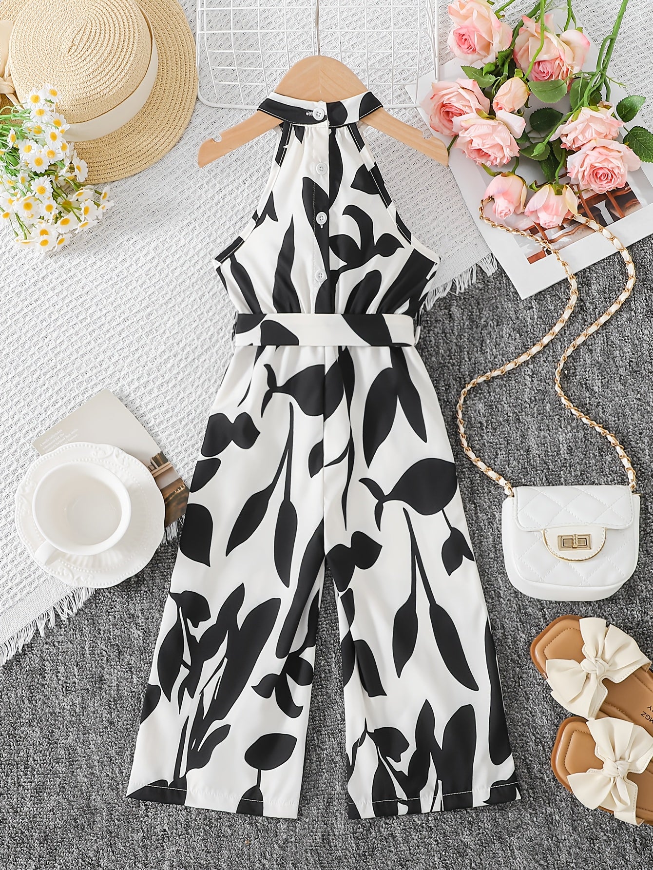 Girls Sleeveless Geometric Jumpsuit with Belt - Elegant Summer Wear