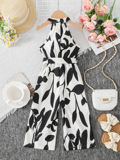 Girls Sleeveless Geometric Jumpsuit with Belt - Elegant Summer Wear