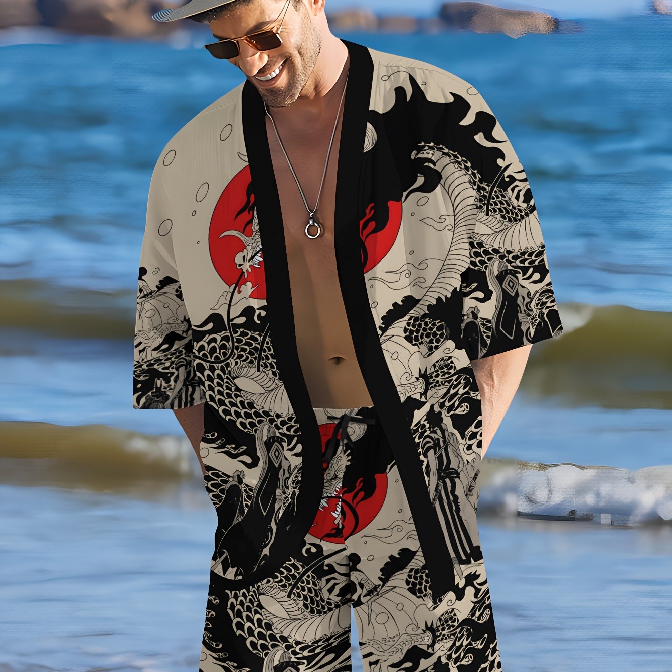Men's Japanese Style Print Kimono Shorts Home Wear Casual Vacation Set