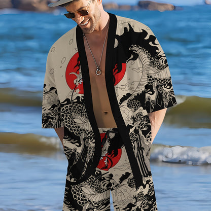 Men's Japanese Style Print Kimono Shorts Home Wear Casual Vacation Set
