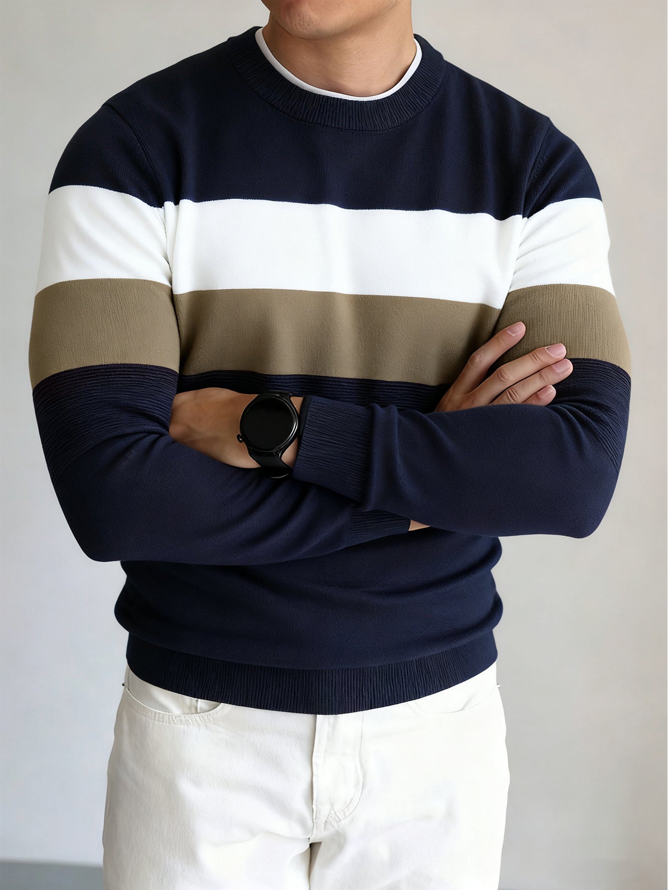 Men's Slim Fit Color Block Crew Neck Sweater for Fall/Winter