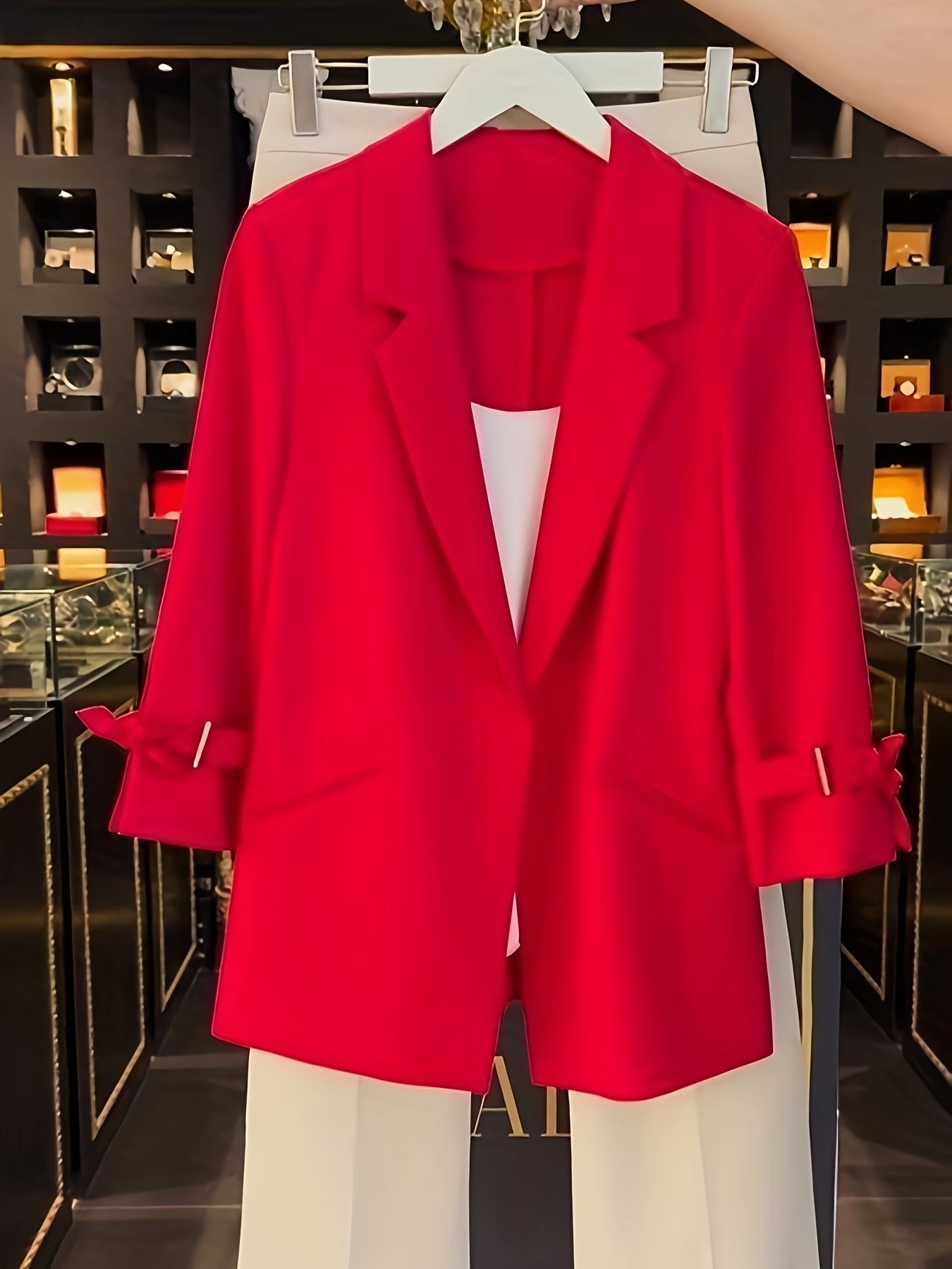 Women's Elegant Red Blazer Jacket - No-Buckle Open Front Long Sleeve Coat, Machine Washable H-Silhouette Solid Color for All-Season Office & Casual Wear