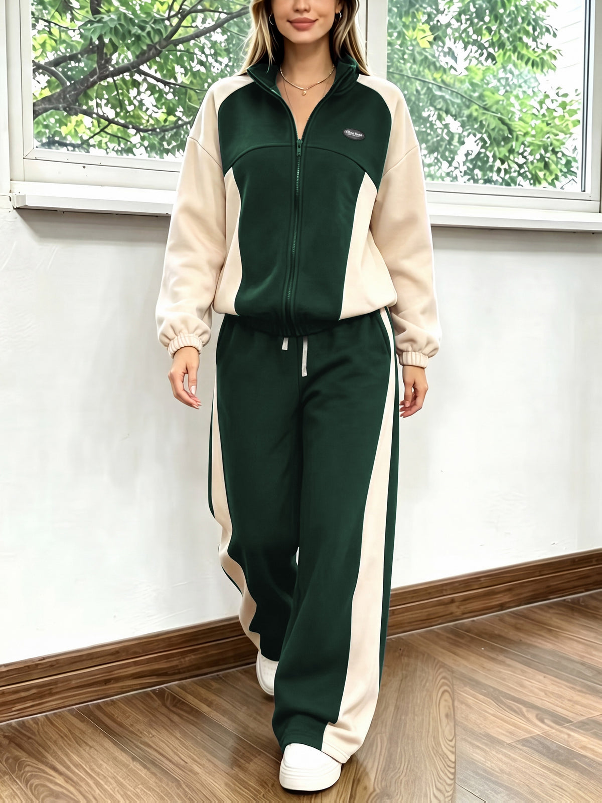 Casual Color Block Two-Piece Set with Loose Jacket & Wide-Leg Pants - ayq
