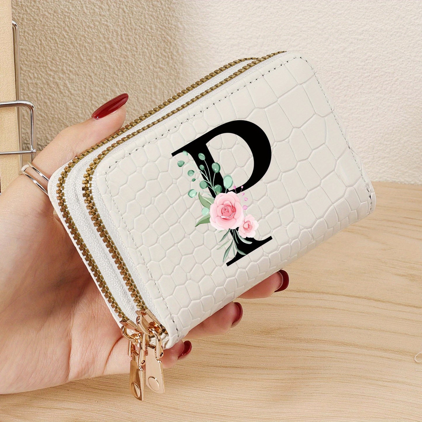 Minimalist Women'S Short Wallet Featuring a Double Zipper Design, with a Crocodile A-Z Letter Pattern. This Stylish Handbag Also Serves As a Fashionable Coin Wallet, Perfect for Travel, Back-To-School, Or Parties.