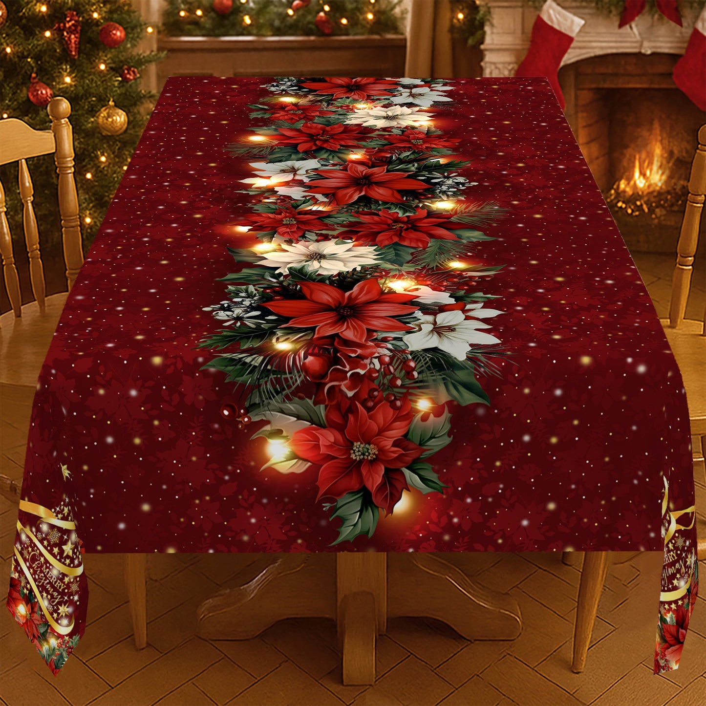 1pc Burgundy & Golden Christmas Tablecloth with Poinsettia, Holly, Pine Garland & Snowflake Patterns - Red/Green/Golden Rectangular Table Cover for Holiday Parties, Xmas Dinner, Thanksgiving, New Year's Decorations (Easy-Clea