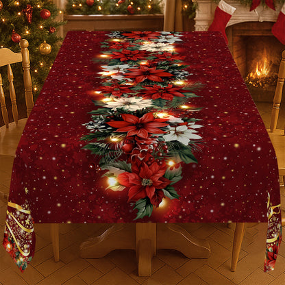 1pc Burgundy & Golden Christmas Tablecloth with Poinsettia, Holly, Pine Garland & Snowflake Patterns - Red/Green/Golden Rectangular Table Cover for Holiday Parties, Xmas Dinner, Thanksgiving, New Year's Decorations (Easy-Clea