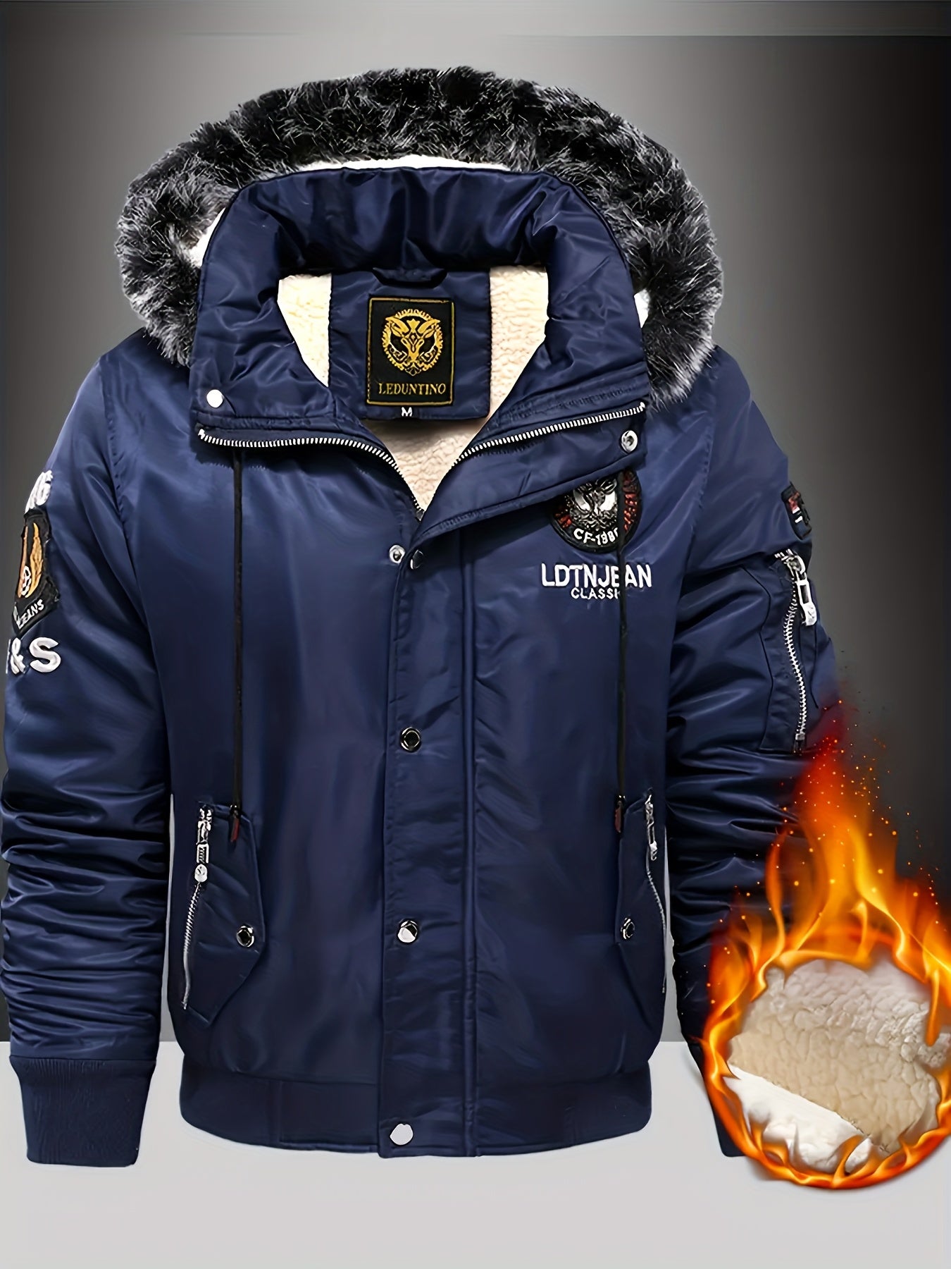 Men'S Heavyweight Winter Jacket with Detachable Hood & 3D Lettering - Full-Zip Windproof Coat, Multi-Pocket Design, Machine Washable