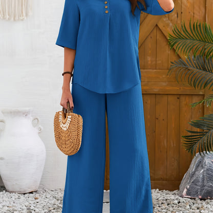 Women'S Large Size Elegant Wide Leg Pants Short Sleeve Top Set with Fake Buttons, YUKIWI