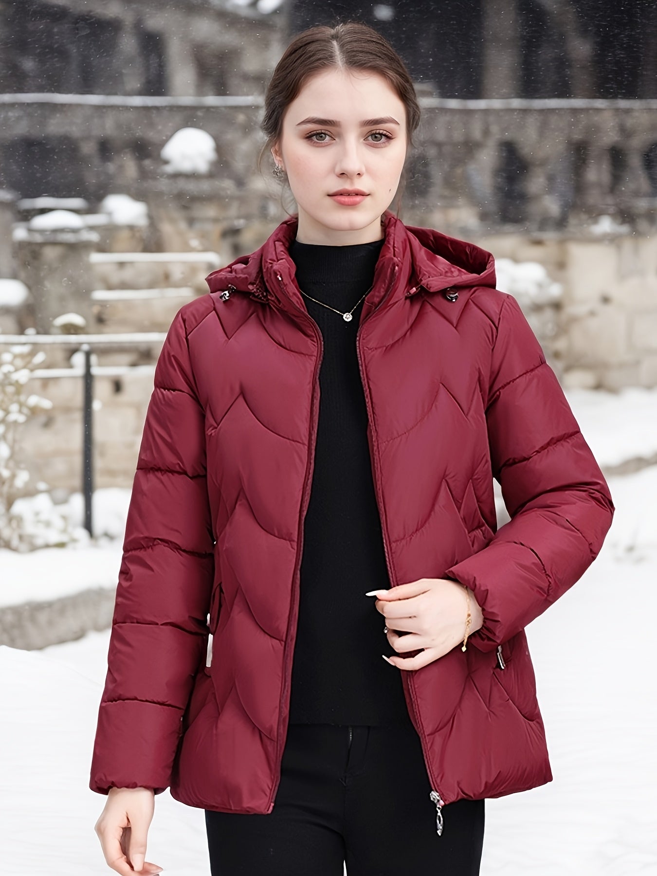 Women'S Elegant Black Winter Puffer Jacket - Long Sleeve, Zip-Up, Casual Style with Beaded Detail, Perfect for Snowy Days, Casual Winter Wear | Zippered Jacket | Functional Pockets