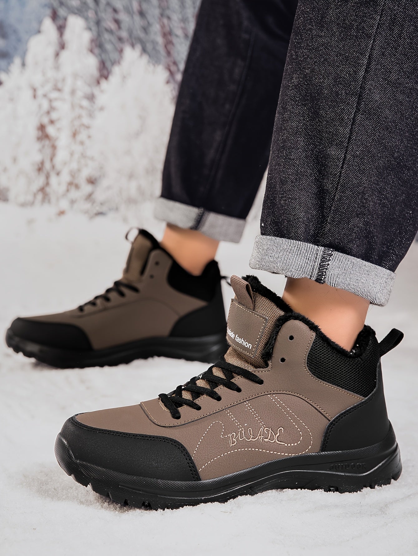 Men's Winter High-Top Ankle-High Outdoor Boots - Upper, Plush Lining & Cushioned Insole, Slip-Resistant MD Sole, Brown/Black Trekking Shoes for Snow, Ice, and Cold Weather - Lightweight & Durable Casual Winter Boots for Hikin