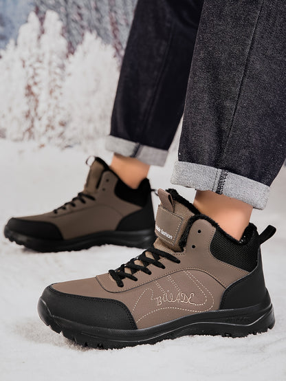 Men's Winter High-Top Ankle-High Outdoor Boots - Upper, Plush Lining & Cushioned Insole, Slip-Resistant MD Sole, Brown/Black Trekking Shoes for Snow, Ice, and Cold Weather - Lightweight & Durable Casual Winter Boots for Hikin