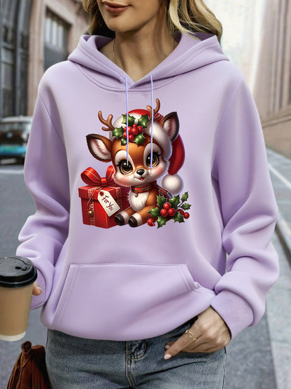 Women's Christmas Deer & Reindeer Print Hoodie - Cozy Winter Pullover Sweatshirt with Cute Deer Headband-Like Hood, Slim-Fit Casual Jacket for Holiday Parties, Xmas Outfits & Cold Weather (Machine Washable), Fall Clothes For