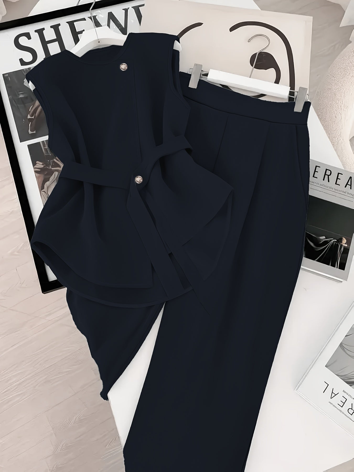 Women's Elegant Two-Piece Sleeveless Pullover Set with Adjustable Wais