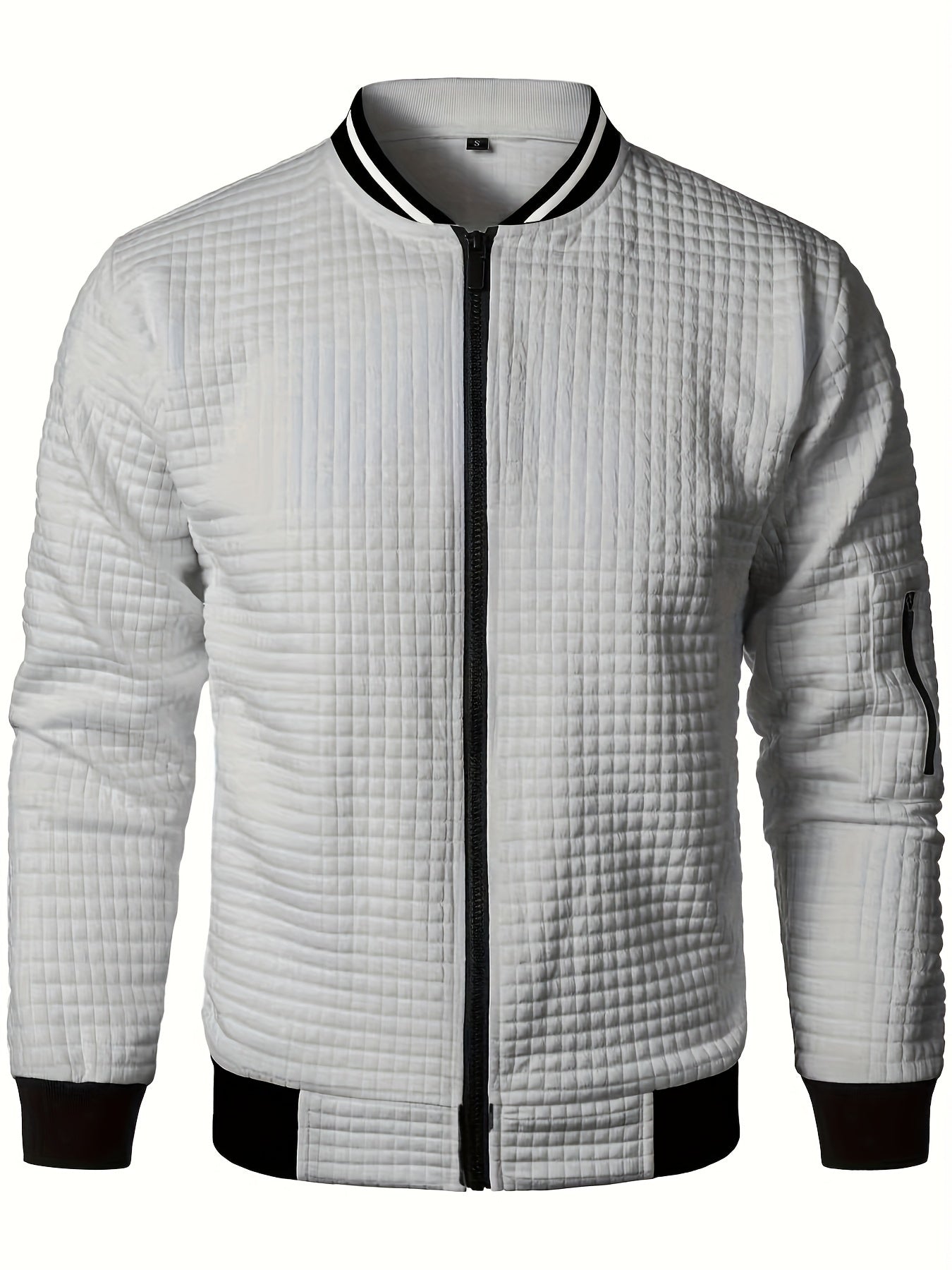 Men's Casual Bomber Jacket with Stand Collar - Polyester and Elastane Blend, Knit Fabric with Slight Stretch, Solid Color, Zipper Detail, Long Sleeve, Regular Fit