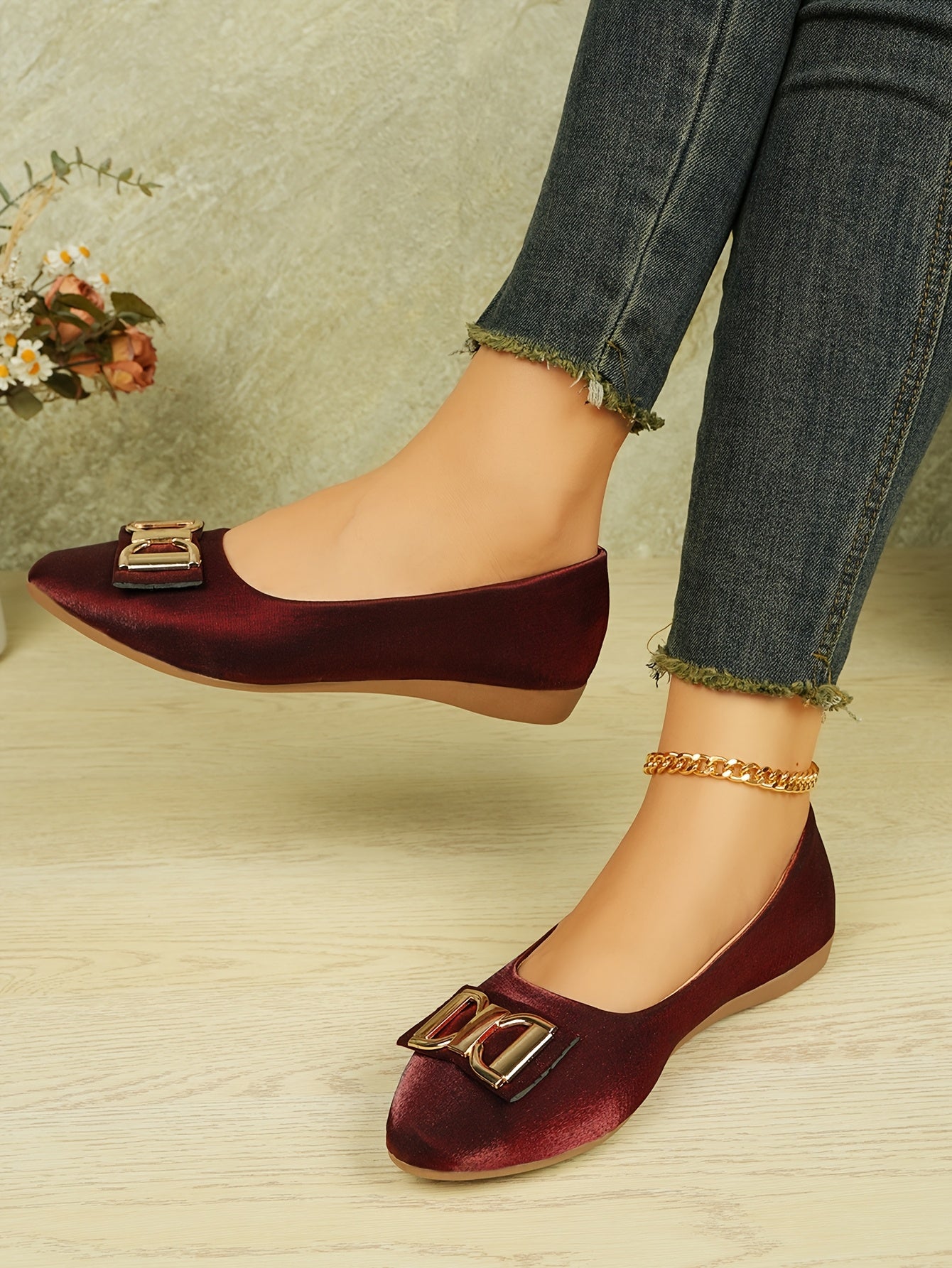 Women's Elegant Red Slip-On Flats with Golden Double Buckle Design - Comfortable Faux Cover Shoes for All Seasons, Pointed Toe Rubber Sole, Perfect for Casual or Dressy Occasions, Dressy Flats   Buckle Embellished Shoes   Lux