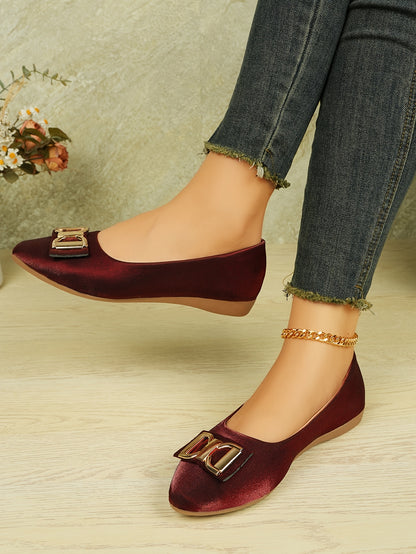 Women's Elegant Red Slip-On Flats with Golden Double Buckle Design - Comfortable Faux Cover Shoes for All Seasons, Pointed Toe Rubber Sole, Perfect for Casual or Dressy Occasions, Dressy Flats   Buckle Embellished Shoes   Lux
