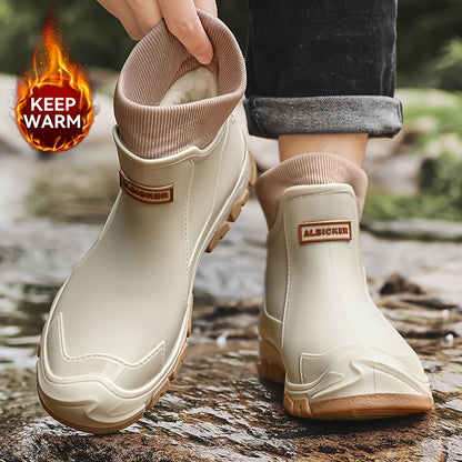 Men's Winter Plush-Lined Short Slip-On Rain Boots, Warm & Durable
