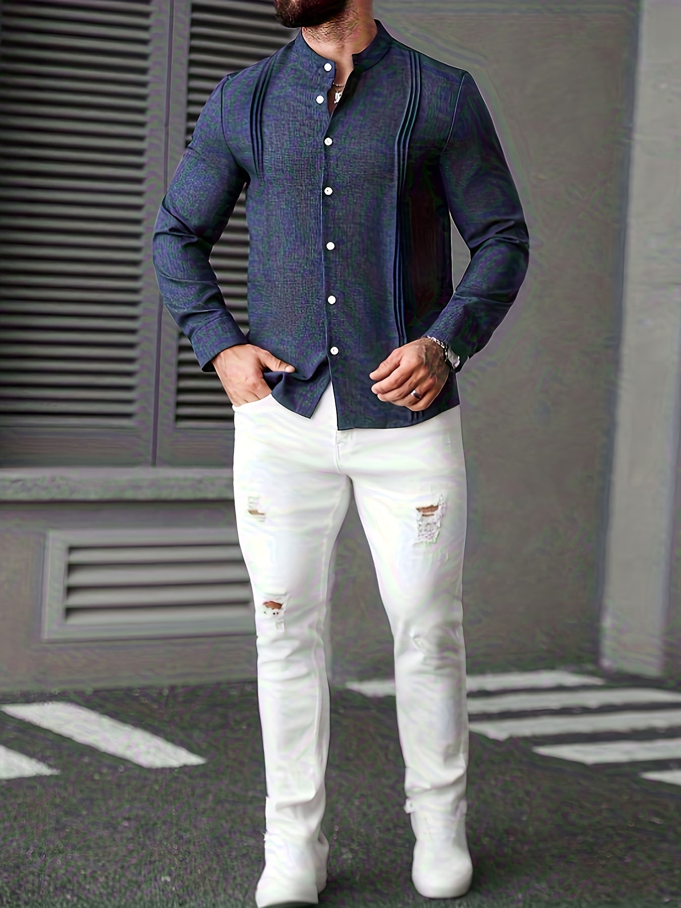 Men's Casual Stand Collar Long Sleeve Solid Color Shirt