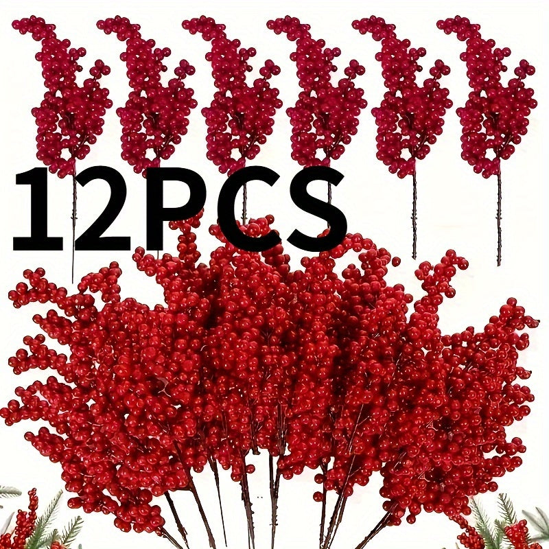 12 Pack Festive Red Artificial Berry Branches, 8.66ft/22cm, Christmas Tree Picks, DIY Crafts, Wedding & Home Decorations, Holiday Party Supplies