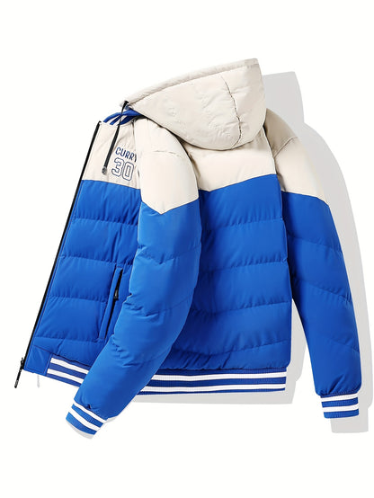 Men's Modern Streetwear Hooded Jacket with Embroidered Lettering, Color-Block Design, Removable Hood & Polyester Fill - Machine Washable Long Sleeve Coat with Pockets for Fall Winter Casual Wear
