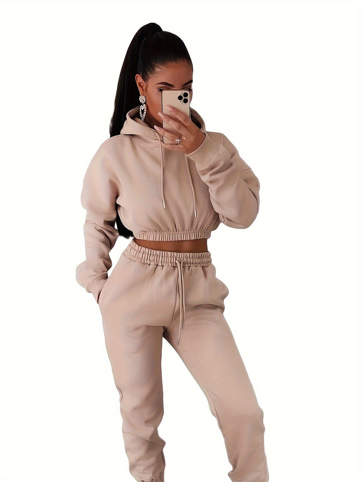 Women's Autumn Winter Fleece Hooded Sweatshirt Two-Piece Set - ayq