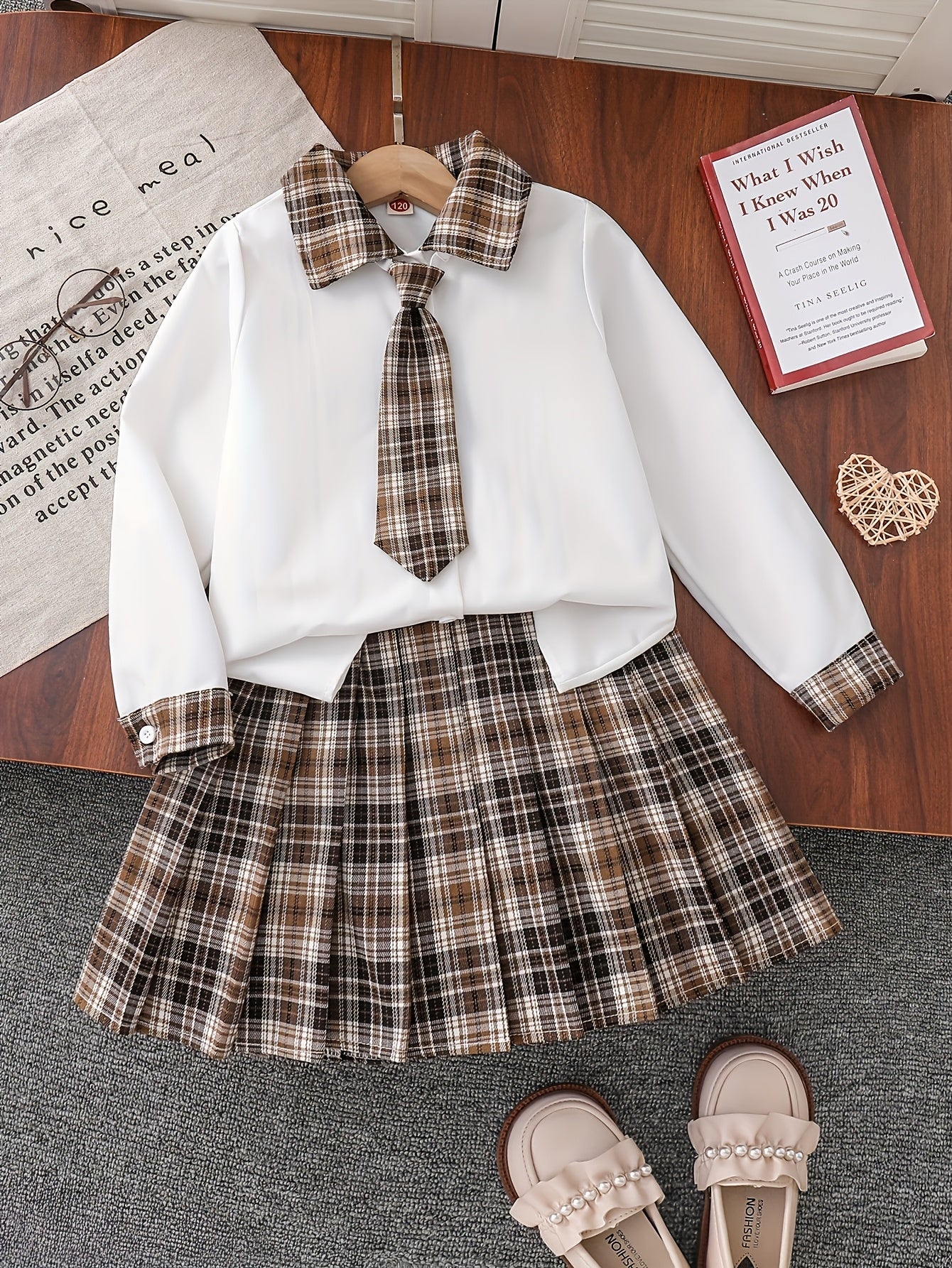 Girls' Preppy JK School Uniform Set with Plaid Skirt & Tie