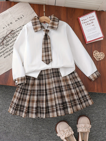 Girls' Preppy JK School Uniform Set with Plaid Skirt & Tie