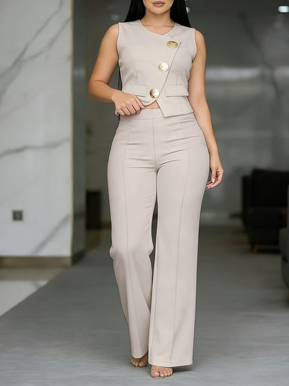 Elegant Sleeveless Waist-Cinching Solid Color Pants Set for Summer