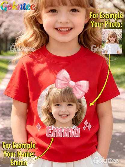Girls' Personalized Cartoon T-Shirt with Pink Bow, Crew Neck